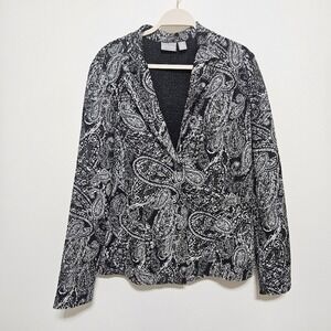 Chico's Womens Travelers Jacket Paisley Cottagecore Texture Blazer Black White L
